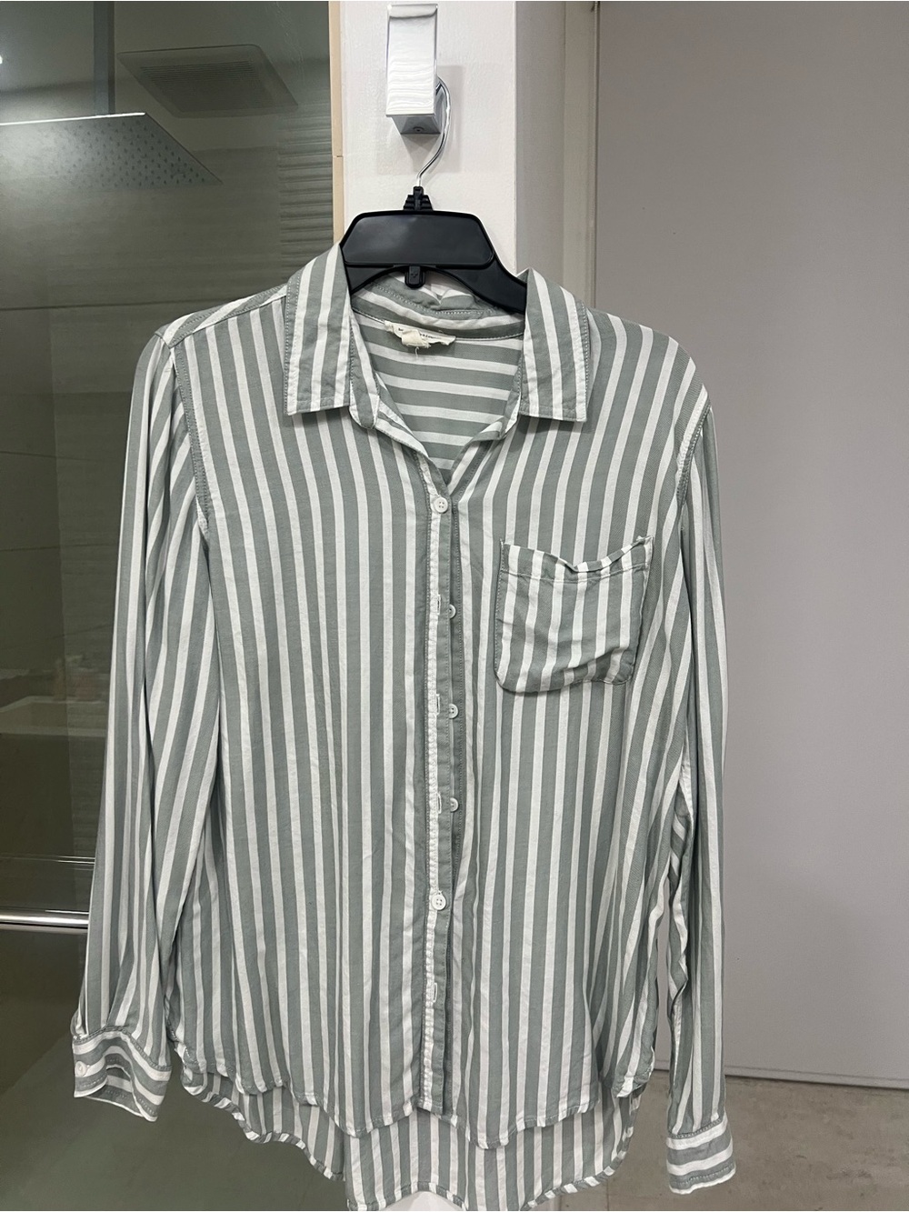 beachlunchlounge Sage Green and White Striped Button-Down Shirt